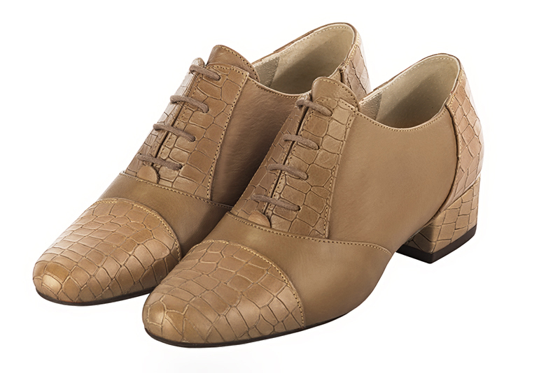 Camel beige women's essential lace-up shoes. Round toe. Low block heels - Florence KOOIJMAN